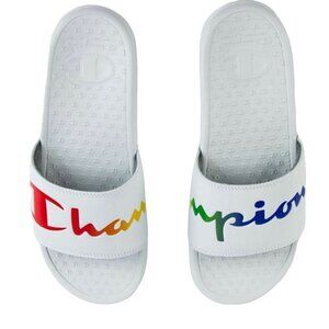CHAMPION Super Slide Split Script White Rainbow Womens Slide Sandals 10 or 11